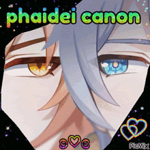 a close up of a person 's face with the words phaidei canon written above it