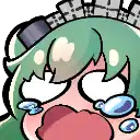 a cartoon drawing of a girl with green hair and tears coming out of her eyes .