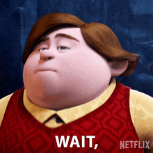 a cartoon character with the words wait written on the bottom