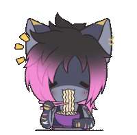 a cartoon of a cat with pink hair eating noodles with chopsticks
