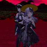two anime girls are standing next to each other and one has the letter m on her hand