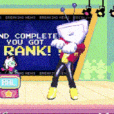 a cartoon character is standing in front of a screen that says ' breaking news ' on it