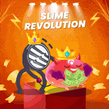 an advertisement for slime revolution shows a devil with money