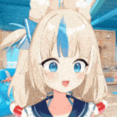 a girl with blonde hair and blue eyes is wearing a sailor uniform