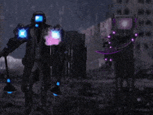 a futuristic soldier with a gun and a shield stands in the rain