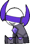 a cartoon character with purple horns and a purple blindfold on his eyes .