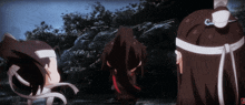 three anime characters are standing next to each other in a forest