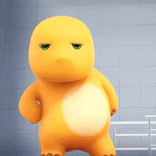 a yellow cartoon character with green eyes is standing in front of a blue tiled wall .