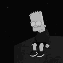 bart simpson is sitting on a ledge in a black and white photo with his eyes closed .