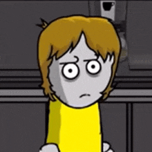 a cartoon character with a yellow shirt on is making an angry face .