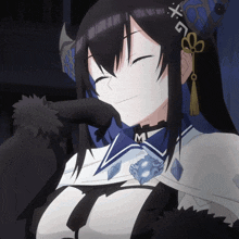 a girl with black hair and a necklace that says m on it