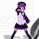 a girl with purple hair is dancing in a purple and black outfit
