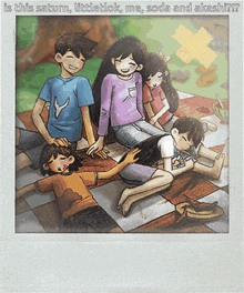 a picture of a group of kids laying on a blanket with the caption is this saturn littletlok me soda and akashi