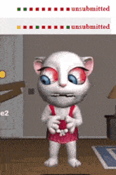 a cartoon cat with red eyes is standing in a room with the words unsubmitted underneath it