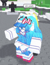 a girl in a blue and white outfit says oh yeah in a video game