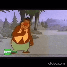 a cartoon bear is standing in the middle of a forest and thinking .