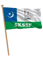 a green white and blue flag with the word skssf
