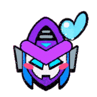 a purple and blue robot with a heart and a sword .
