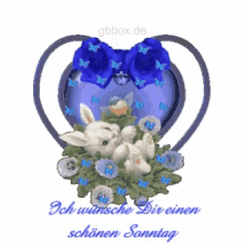 a picture of a heart with two rabbits and the words ich wünsche dir einen schönen sonntag on it