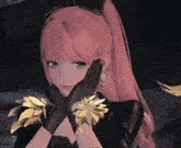 a girl with pink hair wearing black gloves