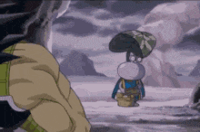 a cartoon character is holding an umbrella while standing next to a cartoon character .