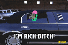 a black limousine with a sticker on the side that says i 'm rich bitch