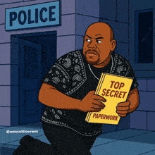 a cartoon of a man carrying a book titled top secret paperwork