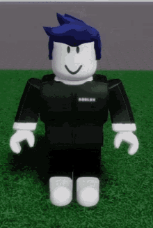 a roblox character with blue hair is sitting on the grass