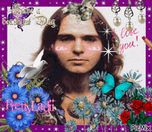 a picture of a man surrounded by flowers and a cat with the words love you written on the bottom