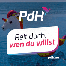 an advertisement for pdh shows a unicorn floating in the ocean
