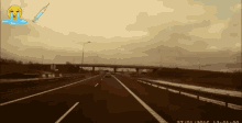 a car is driving down a highway with a crying face and a syringe