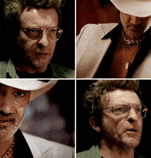 four pictures of a man with glasses and a cowboy hat