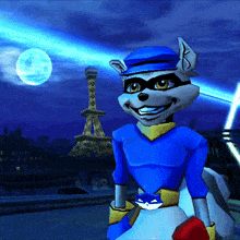 a cartoon character standing in front of a full moon