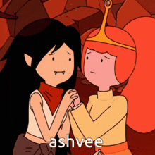 a cartoon of princess bubblegum and marceline holding hands with the caption ashvee