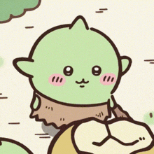 a cartoon drawing of a green monster with pink cheeks and eyes