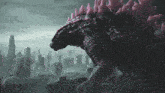 a large black monster with pink spikes stands in front of a city
