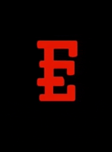 a red letter e is against a black background