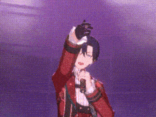 a man in a red jacket is singing into a microphone on a purple background .