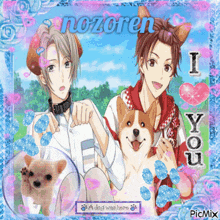 a picture of a boy and two dogs that says i you