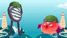 a cartoon illustration of a lighthouse and a devil