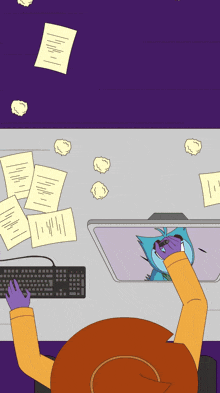 a cartoon drawing of a person sitting at a desk with a keyboard and papers flying around them