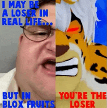 a man wearing glasses and a tiger wearing a furry costume .