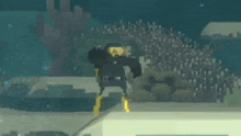 a pixel art scuba diver is standing in the water .