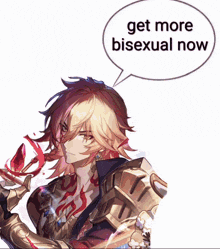 a picture of a man with a speech bubble saying get more bisexual now