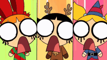 three cartoon characters with their mouths open and their eyes closed
