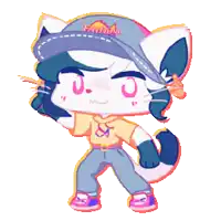 a cartoon cat wearing a red bull hat and a yellow shirt