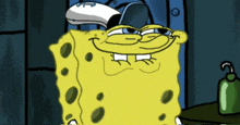 a cartoon of spongebob wearing a cap and sunglasses
