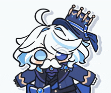 a cartoon drawing of a man with white hair and a crown on his hat