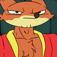 a close up of a cartoon fox with a yellow collar