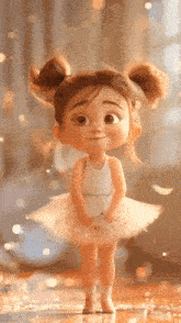 a little girl in a tutu is standing on the floor and smiling .